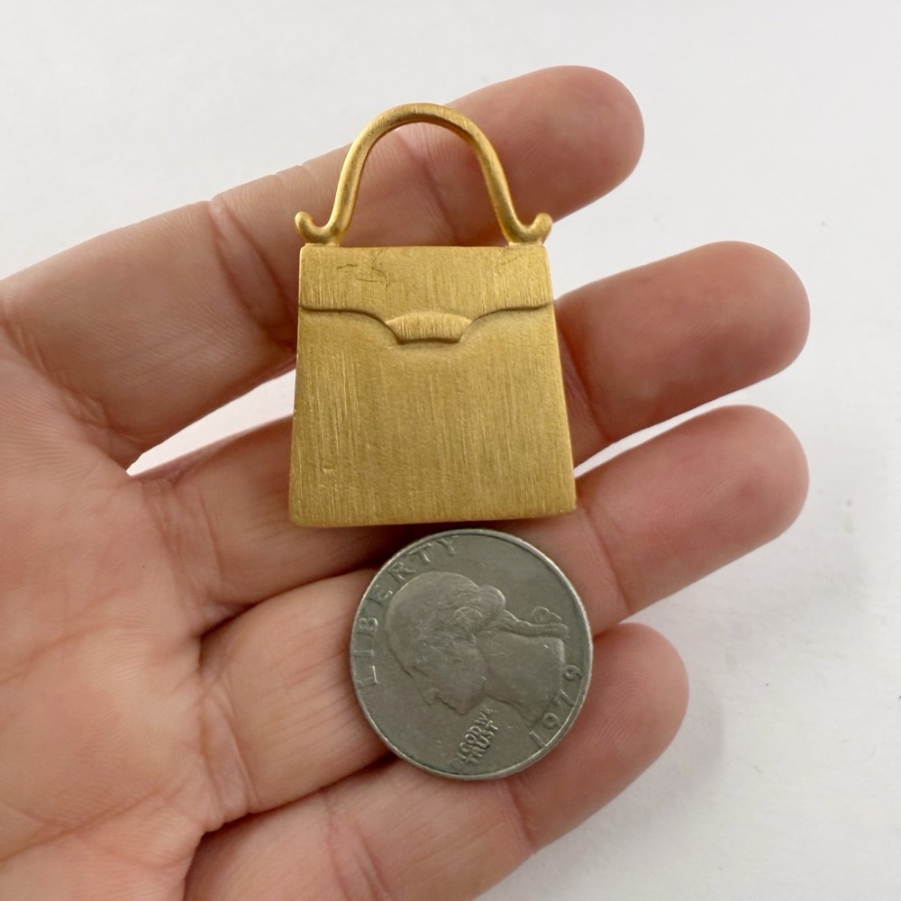 Vintage Brushed Matte Goldtone Purse Handbag Brooch Pin - Picture 2 of 5
